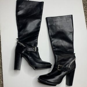 ABS Allen Schwartz Black Leather Platform Heeled Biker Boots